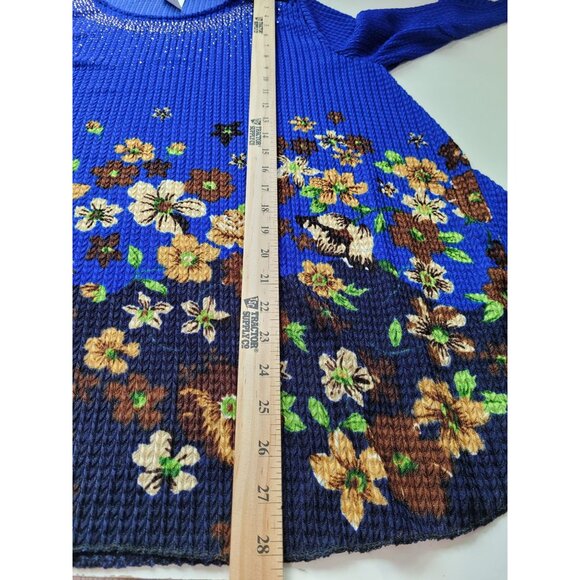 Blue Floral Womens Tunic Top XL Rhinestone Embellished 3/4 Sleeve Stretch - Picture 4 of 9